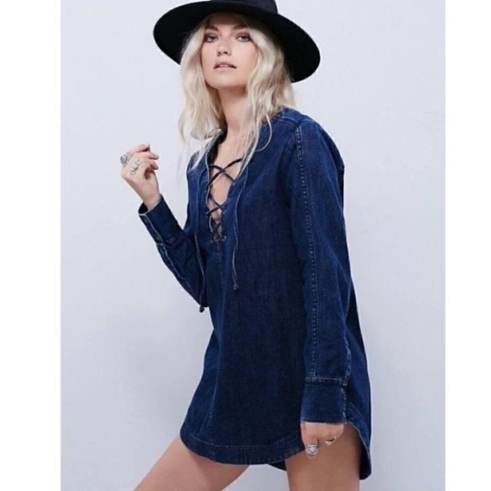 Free People Neapolitan Dreams Dark Indigo Lace Up Denim Tunic Mini Dress Size L